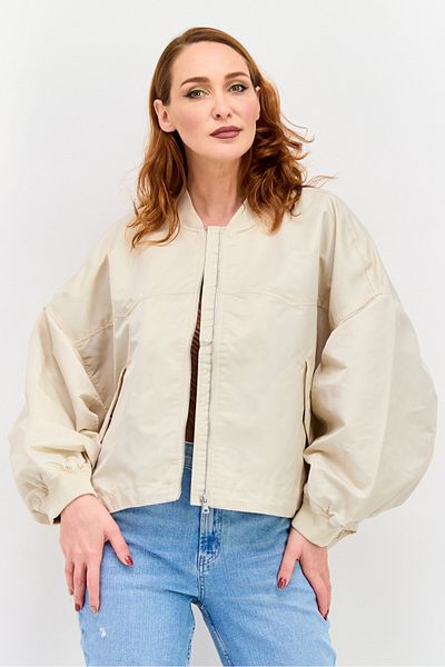 Esprit Women Band Collar Solid Oversized Bomber Jacket, Beige