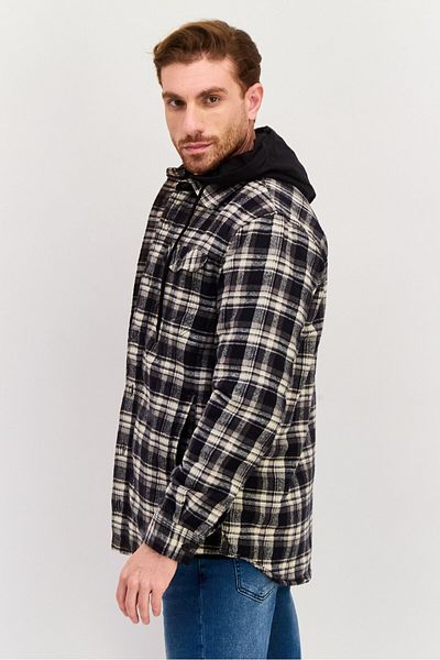 Rainforest Men Hooded Plaid Jacket Shirt, Black