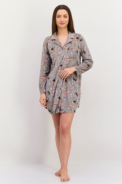 Kensie Women All Over Print Sleepwear Shirt Dress, Grey Combo