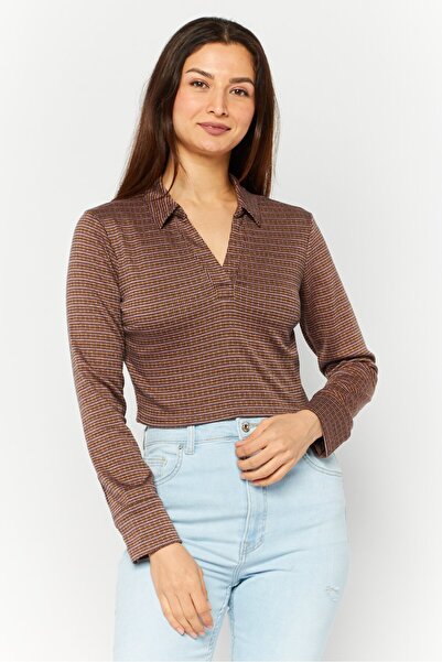 Brave Soul Women Spread Collar Long Sleeve Jacquard Printed Crop Top, Brown