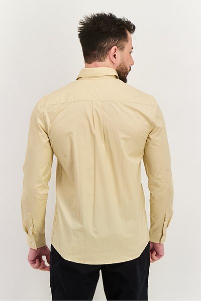 Esprit Men Regular Fit Embroidered Logo Long Sleeves Casual Shirt, Light Beige
