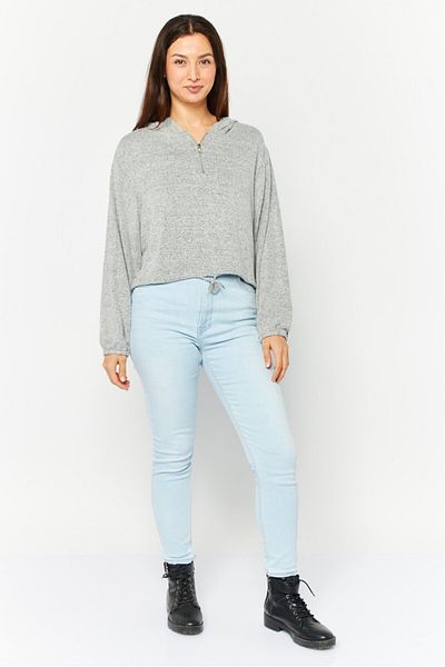 Brave Soul Women Hooded Long Sleeve Solid Sweatshirt, Grey