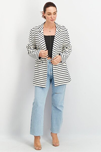Tchibo Women Regular Fit Stripe Blazer Jacket, White