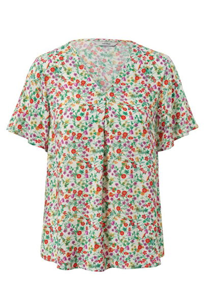 Tchibo Women V-neck Short Sleeve Floral Print Top, Green Combo