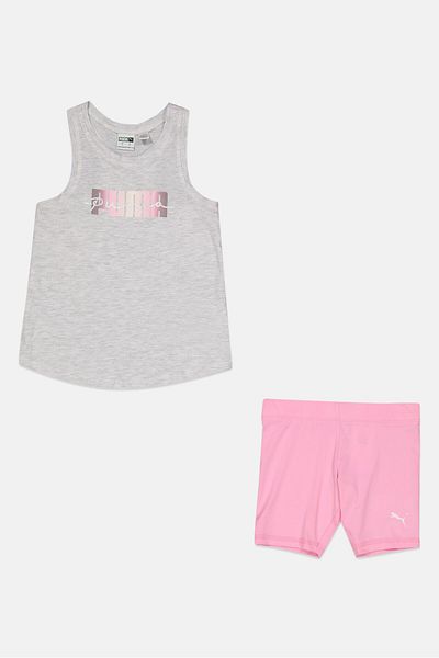 Puma Kids Girl 2 Pieces Sportswear Fit Brand Logo Top and Short Set, Light Grey