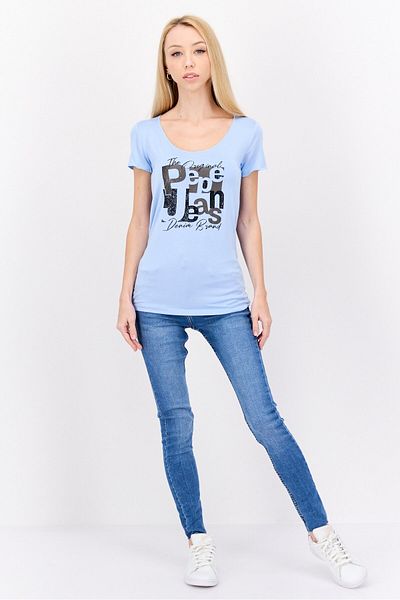 Pepe Jeans تي شيرت نسائي بأكمام قصيرة ورقبة دائرية وشعار العلامة التجارية، أزرق فاتح