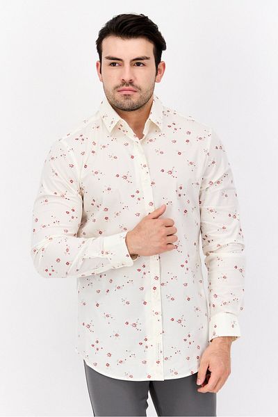 Perry Ellis Men Stretch Fit Long Sleeves Floral Print Casual Shirt, Off White Combo