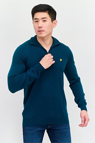 Lyle & Scott سترة رجالية محبوكة بشعار مطرز، برقبة دائرية، باللون الأخضر