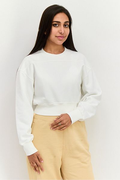 Esprit Women Crew Neck Graphic Print Long Sleeves Cropped Sweatshirt, White