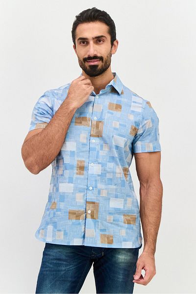 Perry Ellis Men Stretch Fit Short Sleeve Allover Print Casual Shirt, Blue Combo