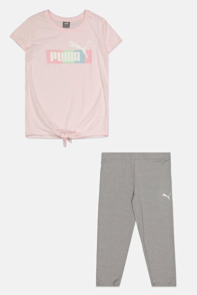 Puma طقم ملابس رياضية للبنات مكون من قطعتين، الجزء العلوي والسفلي، وردي/رمادي