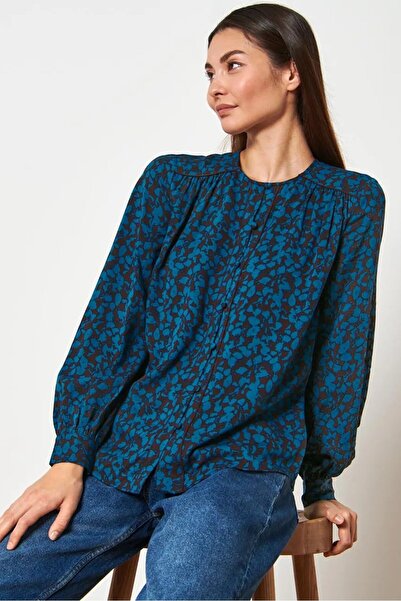 Tchibo Women Round Neck Long Sleeve Allover Print Blouse, Blue