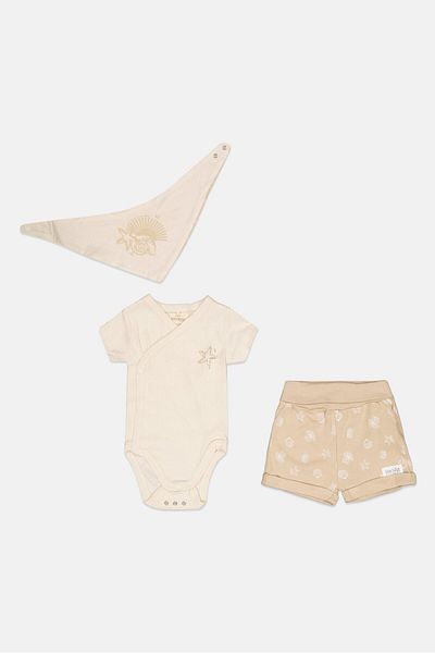 Home Grown Baby Toddlers Boy 3 Pcs Graphic Print Bodysuit And Short With Bib Set, Ivory