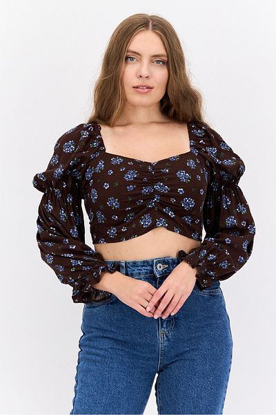 Monki Women Square Neck Long Sleeve Floral Print Crop Top, Brown