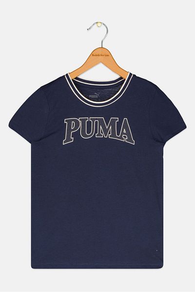 Puma تي شيرت رياضي قصير الأكمام مناسب للخارج للفتيات الصغيرات، أزرق داكن