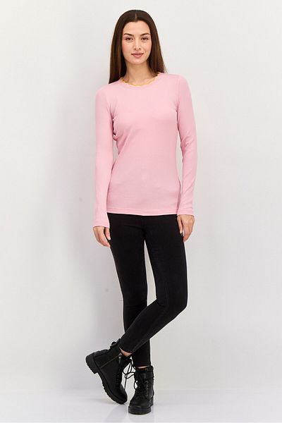 Esprit Women Ruffle Neck Textured Long Sleeves Top, Pink