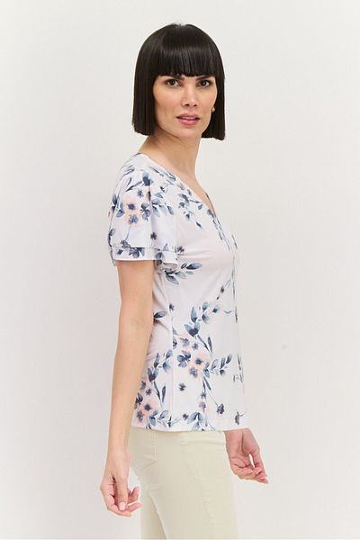 Calvin Klein Women V-neck Short Sleeve Floral Print Blouse, White Combo