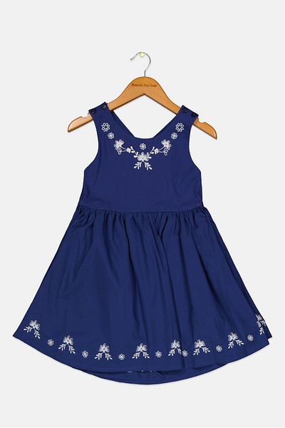 Miss Toddlers Girl Round Neck Sleeveless Embroidered Dress, Navy