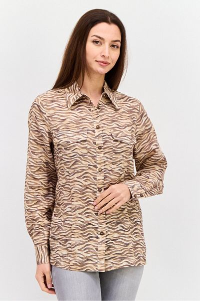 Scotch & Soda Women Spread Collar Long Sleeves Animal Print Shirt, Brown Combo
