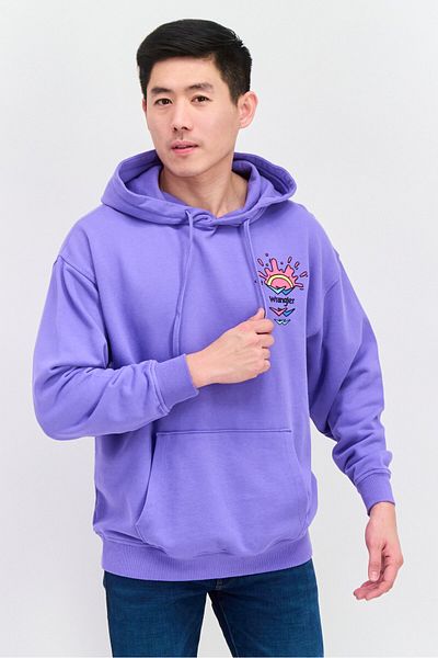 WRANGLER Men Crew Neck Long Sleeve Brand Logo Hooded Sweatshirt, Purple