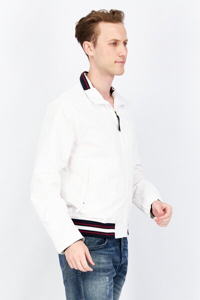 Perry Ellis Men Mock Neck Long Sleeve Embroidered Jacket, White Combo