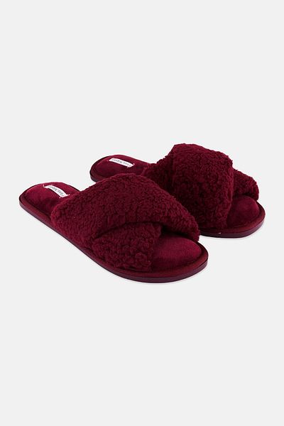Flora Nikrooz Women Faux Fur X Cross Slip On Slipper, Maroon