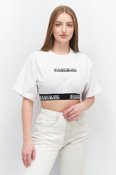 Napapijri Women Crew Neck Short Sleeve Brand Logo Wide Crop Top, White