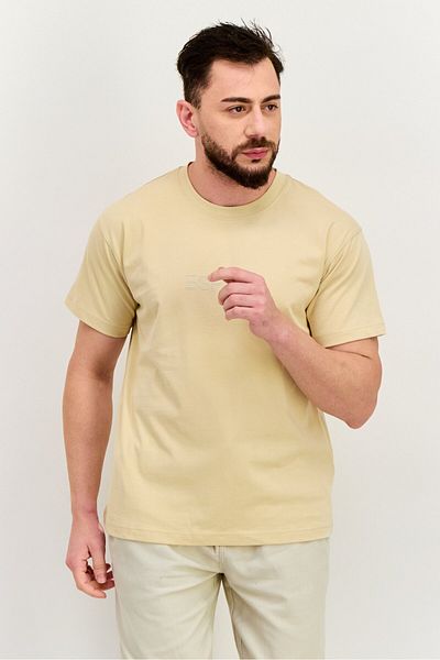 Esprit تي شيرت رجالي برقبة دائرية وأكمام قصيرة وشعار العلامة التجارية، لون بيج فاتح