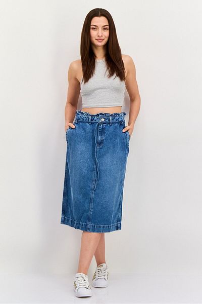 Esprit Women Washed Belted Denim Midi Skirt, Blue
