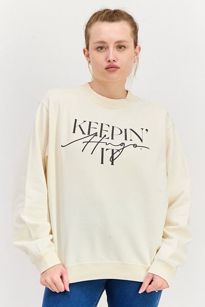 Hugo by Hugo Boss Women Crew Neck Graphic Print Sweatshirt, Beige