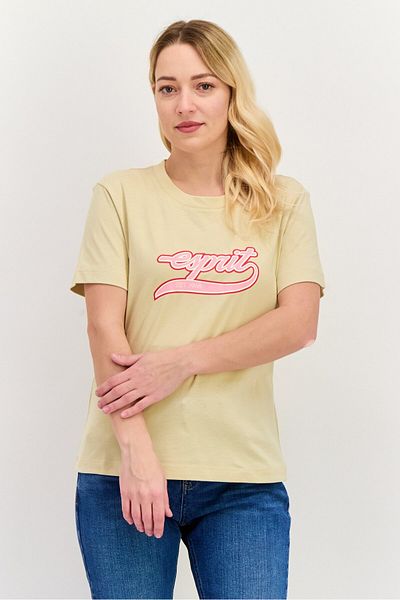 Esprit Women Round Neck Short Sleeves Brand Logo T-shirt, Cream Combo
