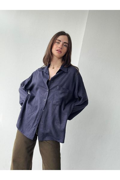 Retrobird Cămașă de damă cu design Boyfriend albastru închis