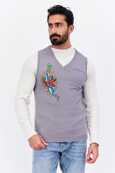 Ed Hardy Men V-neck Sleeveless Embroidered Logo Vest, Grey