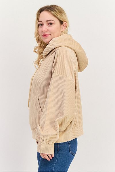 Sadie & Sage Women Hood And Drawstring Long Sleeve Ribbed Sweatshirts, Cream