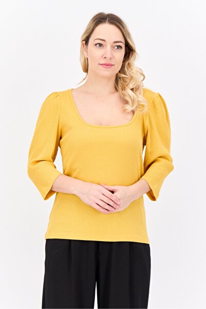 Brave Soul Women Scoop Neck 3/4 Sleeves Textured Top, Mustard
