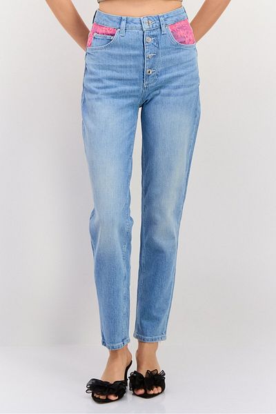 Guess Women Mon Fit Washed Tapered Denim Jeans, Blue