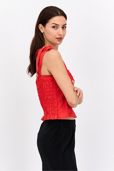 FEMME LUXE Women V-neck Tie Sleeves Plain Top, Red