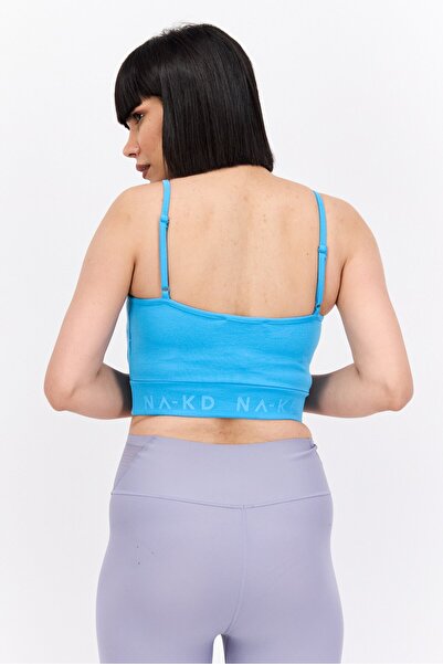 NA-KD Women Scoop Neck Sleeveless Brand Logo Crop Top, Horizon Blue