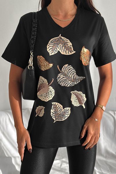 FEMELLE Tricou de damă, negru, cu decolteu în V, mărime mare, cu paiete, brodat, 100% bumbac
