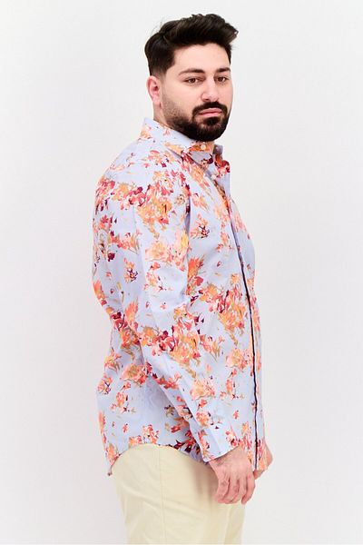 Perry Ellis Men Stretch Fit Allover Print Short Sleeves Casual Shirt, Light Blue Combo