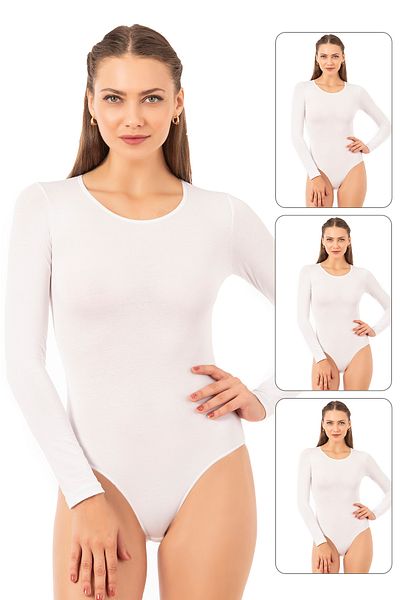 ÖZKAN underwear Özkan 0600 3-Pack Women's Cotton Lycra Single Jersey Long Sleeve Round Neck Hooked Snap Fastener Knitted Bo