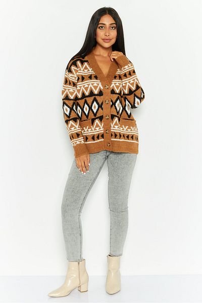 Dex Women V-Neck Long Sleeves Aztec Print Cardigans, Brown Combo