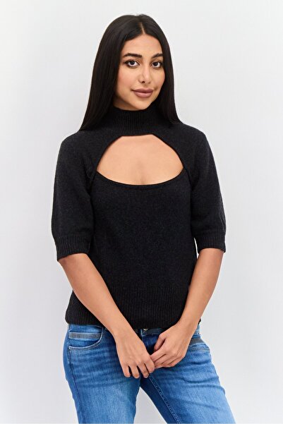Frame Women Mock Neck Knit Cut-Out Short Sleeve Sweater, Charcoal Black