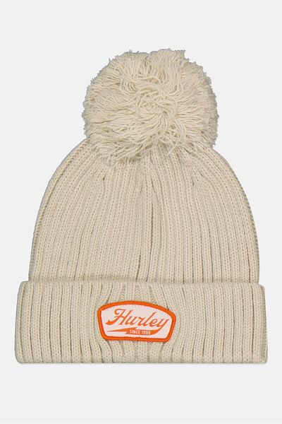Hurley Men Brand Logo Beanie With Pom, Off White
