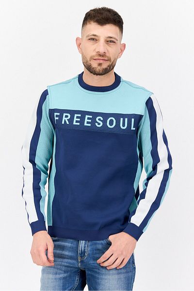 freesoul Men Crew Neck Long Sleeve Brand Logo Sweatshirt, Turquoise Combo
