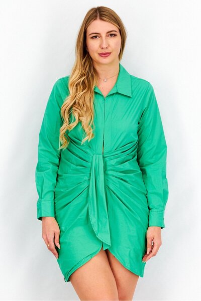 The Giving Movement Women Solid Long Sleeve Rouched Shirt Dress, Green