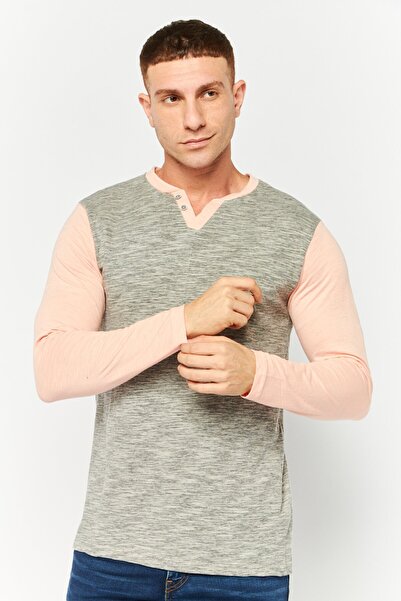 Brave Soul Men Henley Neckline Long Sleeves Heather T-Shirt, Light Grey