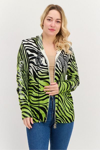 Christian Audigier Women Hooded Zebra Print Cardigan, Green Combo