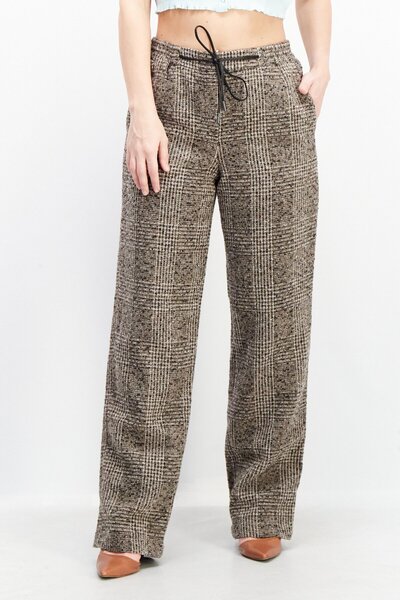 Esprit Women Regular Fit Ribbed Wide Leg Pants, Brown Combo