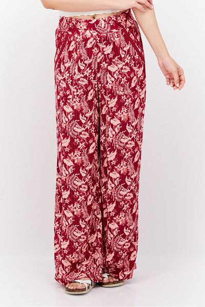 INC Women Wide Leg Floral Print Pull On Pants, Maroon Combo